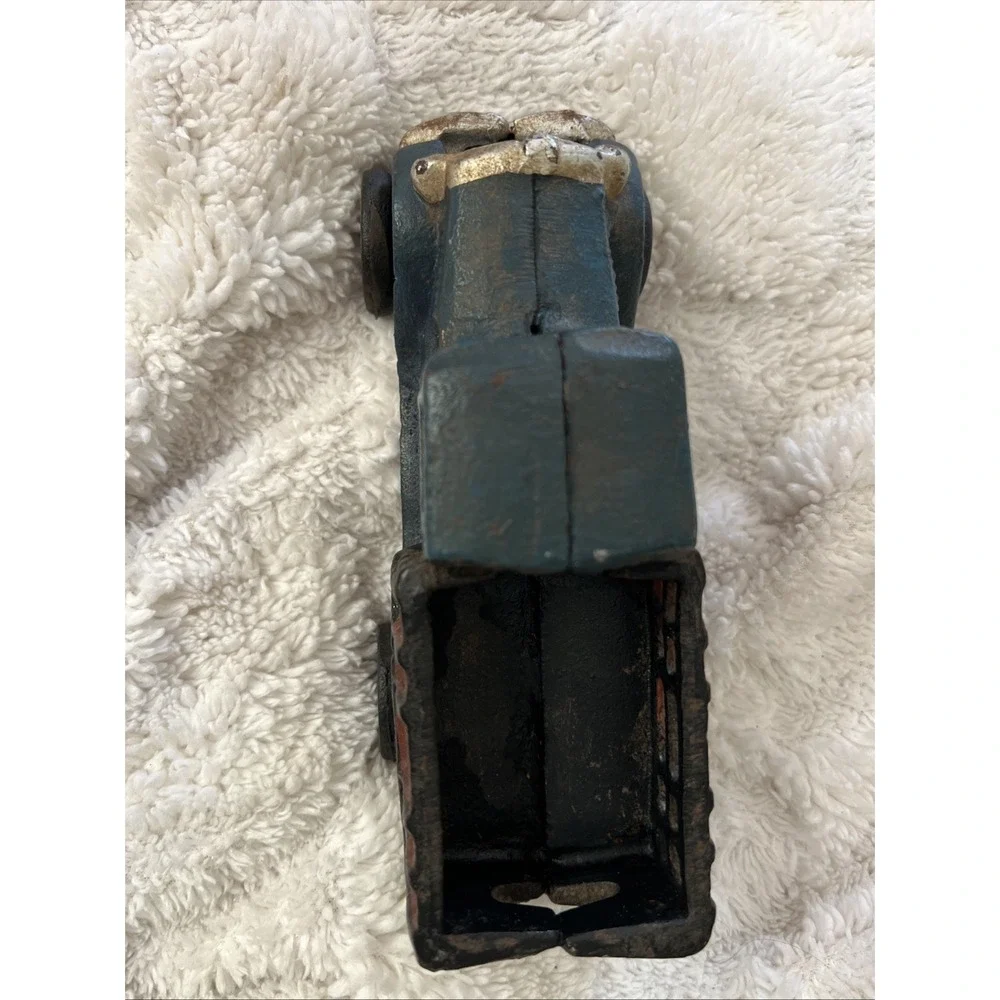 Vintage Cast Iron Blue Toy Truck With Red/Brown Bed. Working Wheels